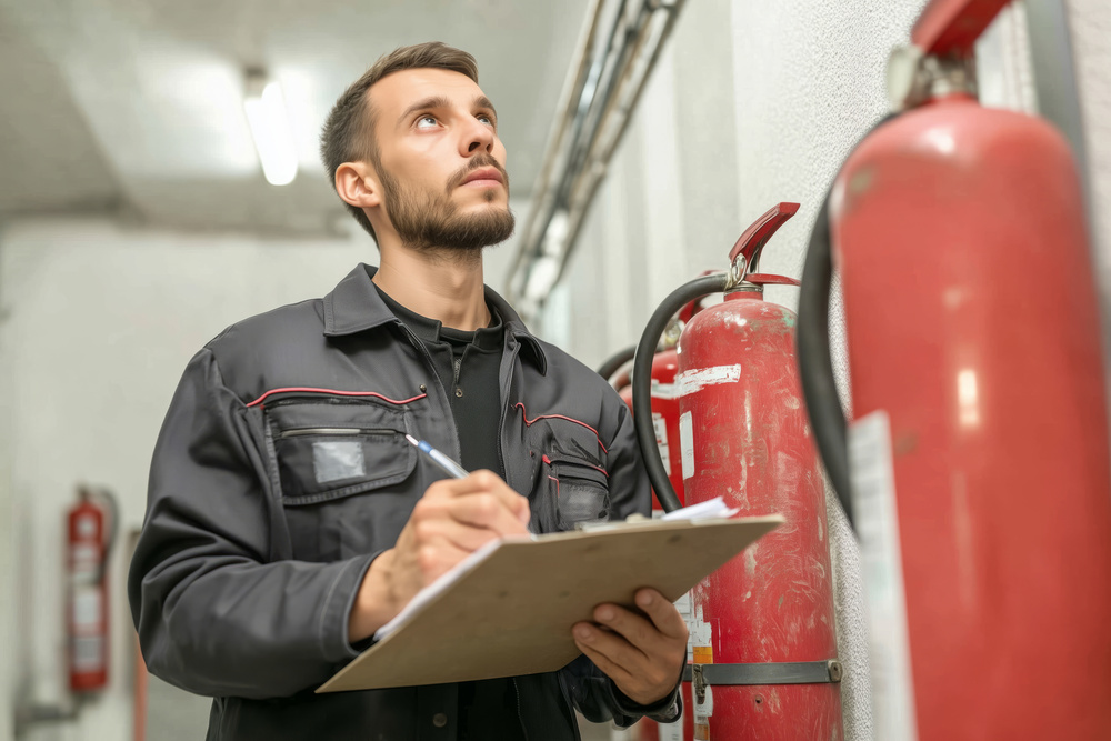 Technician inspecting a fire extinguisher on wall, holding clipboard with papers. Workplace or building fire safety inspection, routine maintenance of emergency equipment.