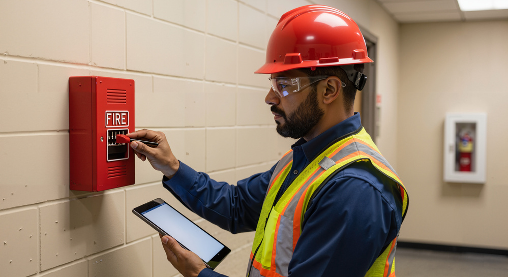 Male safety inspector checking a wall-mounted fire alarm system in a commercial building. Facility maintenance worker in a hard hat and high-visibility vest holding a digital tablet. Copy space