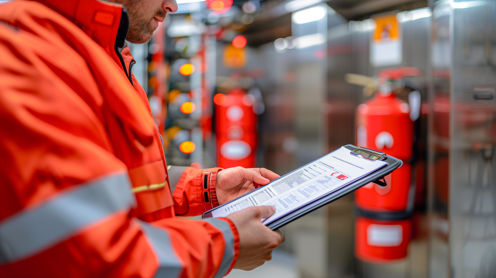 Professional Technician inspect fire extinguisher , annual inspection .