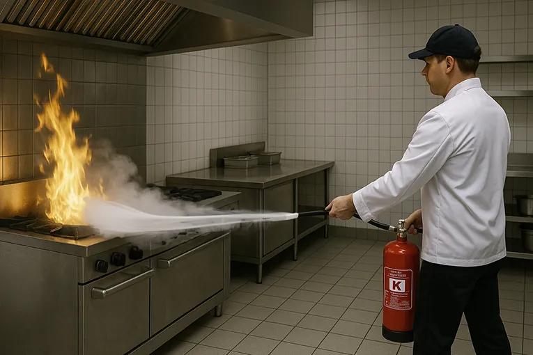 Close-up of a Class K fire extinguisher with a stainless steel cylinder and label indicating it is designed for commercial kitchen grease and cooking oil fires.