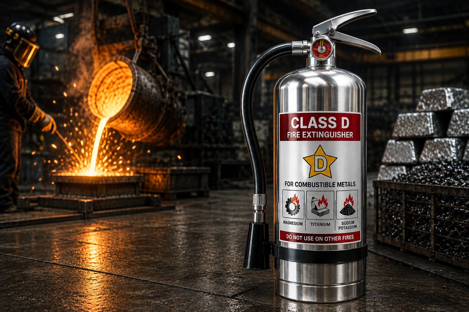 Class D fire extinguisher in a metalworking facility, with a worker pouring molten metal in the background. The scene highlights fire safety for combustible metals like magnesium, titanium, and sodium.